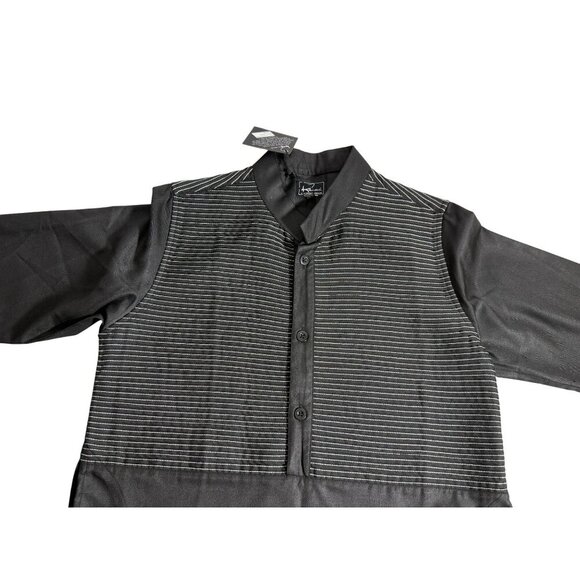 Kamani Mens or Youth Black Islamic Thobe Robe White Thread Embellishment Size 48 - Picture 8 of 13